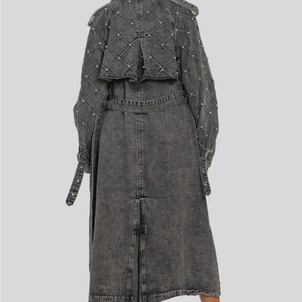 Distressed Denim Trench Coat, Black /Gry. w/ Pearl & Silver Accents, S, M , L - Picture 14 of 16